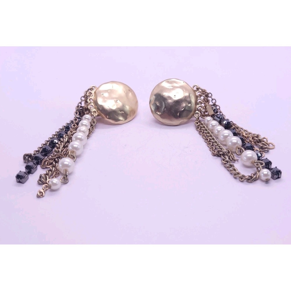 Vintage Brutalist Gold Tone Chain Tassel Faux Pearl Black Bead Clip Earrings 2.9